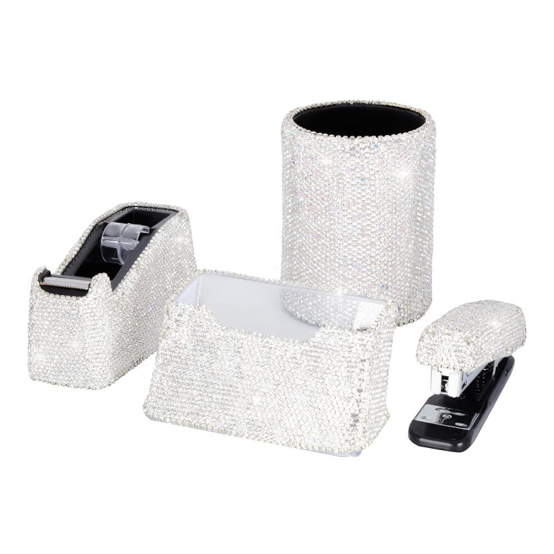 KEYPOWER Bling Crystal Luxury Handmade Diamond Round Pencil Pen Pot Holder & Stapler & Card Holder & Desktop Tape Dispenser Office Stationery Kit for Fashion Girls Women(White) - Image 1
